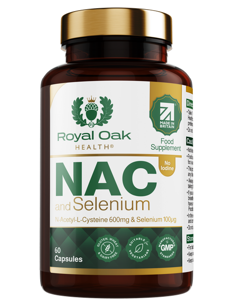 A bottle of NAC (N-Acetyl Cysteine) 600mg with Selenium 100ug, containing 60 capsules for antioxidant and immune support.