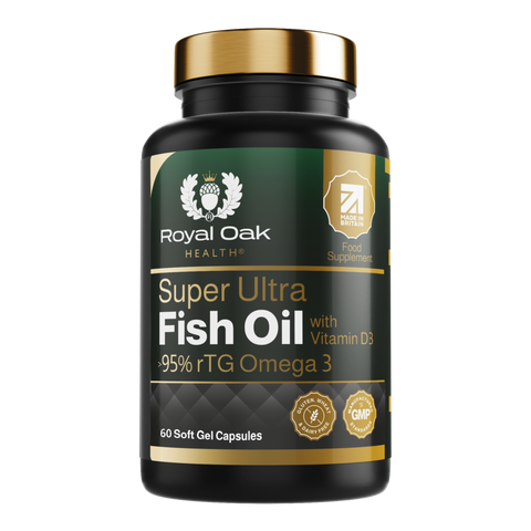 A bottle of high-strength fish oil capsules with 95% Omega-3 and added Vitamin D3, containing 60 softgels