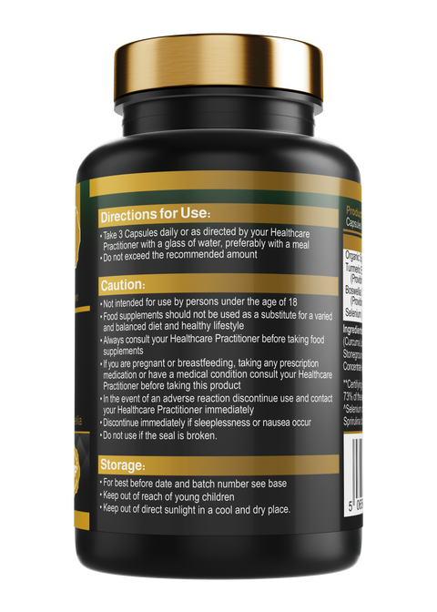 A bottle of thyroid support capsules, formulated with essential nutrients including Selenium, Spirulina, Curcumin, and Boswellia, containing 120 capsules.