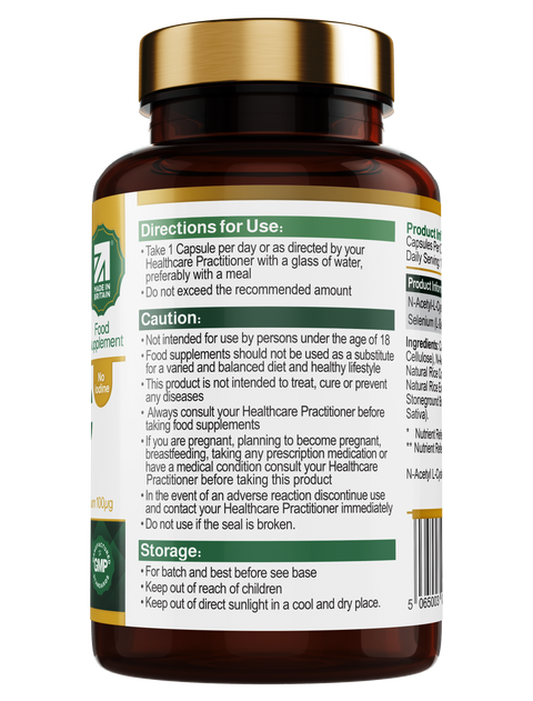 A bottle of NAC (N-Acetyl Cysteine) 600mg with Selenium 100ug, containing 60 capsules for antioxidant and immune support.