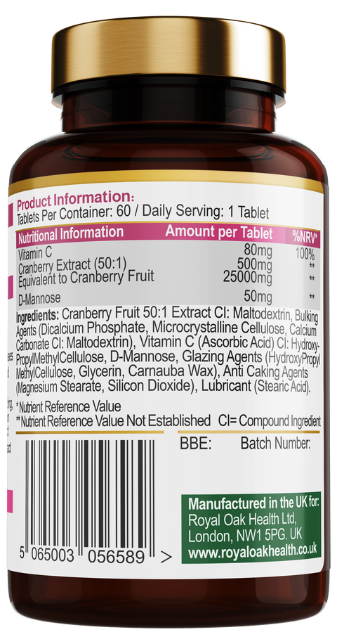 A bottle of cranberry extract with D-Mannose and Vitamin C, supporting urinary tract health, with 60 capsules.