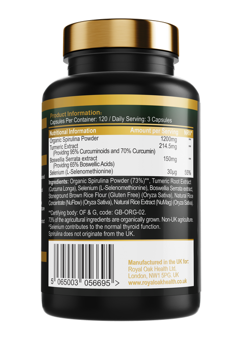 A bottle of thyroid support capsules, formulated with essential nutrients including Selenium, Spirulina, Curcumin, and Boswellia, containing 120 capsules.