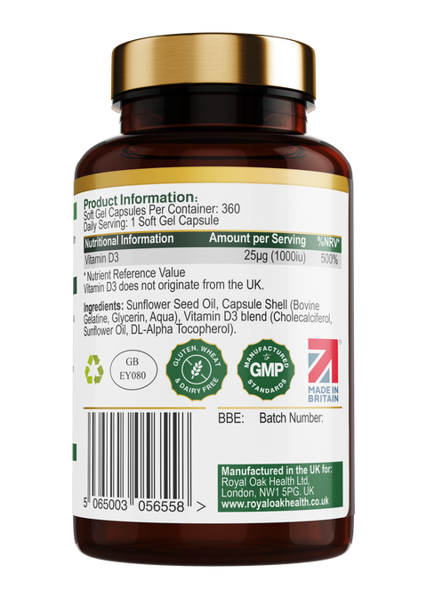 A bottle of 360 easy-to-swallow Vitamin D3 2000IU softgel capsules for bone and immune support