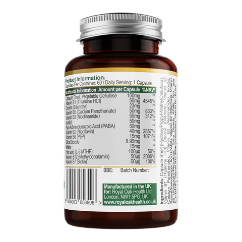 A bottle of vitamin B complex with nicotinamide, supporting energy metabolism and nervous system health, containing 60 capsules.