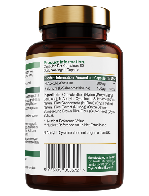 A bottle of NAC (N-Acetyl Cysteine) 600mg with Selenium 100ug, containing 60 capsules for antioxidant and immune support.
