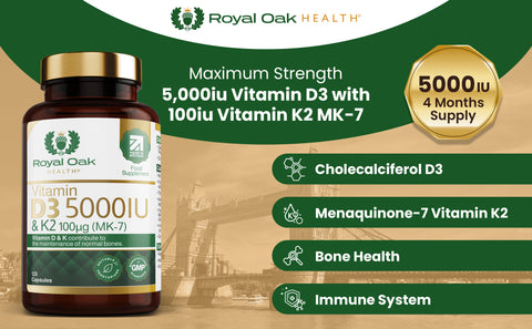 A bottle of high-strength Vitamin D3 5000IU with Vitamin K2 MK7, supporting bone and cardiovascular health, with 120 capsules.