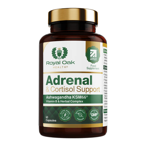 A bottle of adrenal health and cortisol support capsules, containing 60 capsules for stress management.