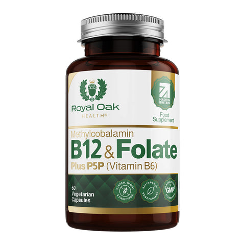 A bottle of Vitamin B12 and Folate capsules, supporting energy production and red blood cell formation, with 60 capsules.
