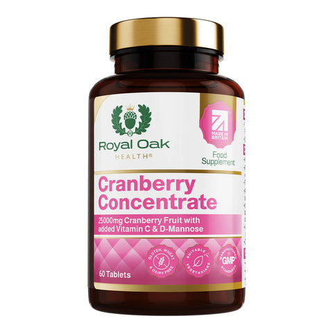 A bottle of cranberry extract with D-Mannose and Vitamin C, supporting urinary tract health, with 60 capsules.