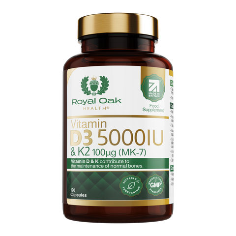 A bottle of high-strength Vitamin D3 5000IU with Vitamin K2 MK7, supporting bone and cardiovascular health, with 120 capsules.