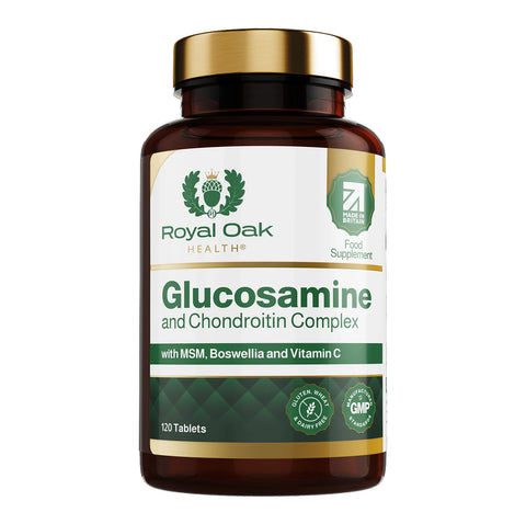 A bottle of joint health supplement capsules with Glucosamine and Chondroitin, supporting mobility and flexibility, with 60 capsules.