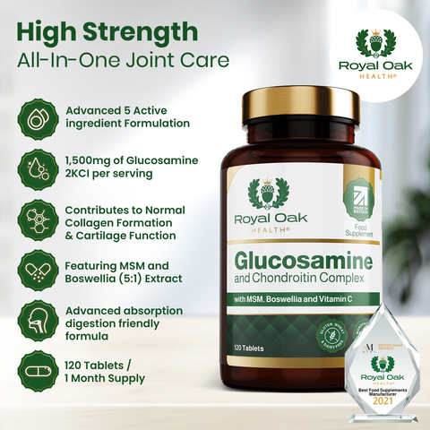 A bottle of joint health supplement capsules with Glucosamine and Chondroitin, supporting mobility and flexibility, with 60 capsules.