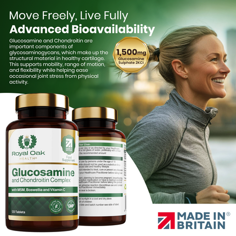 A bottle of joint health supplement capsules with Glucosamine and Chondroitin, supporting mobility and flexibility, with 60 capsules.