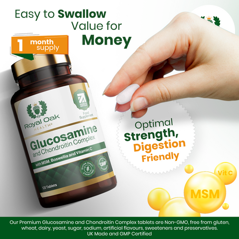 A bottle of joint health supplement capsules with Glucosamine and Chondroitin, supporting mobility and flexibility, with 60 capsules.