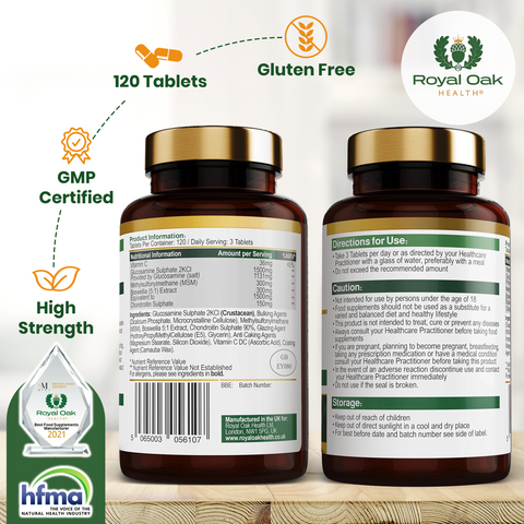 A bottle of joint health supplement capsules with Glucosamine and Chondroitin, supporting mobility and flexibility, with 60 capsules.