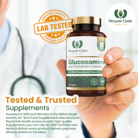 A bottle of joint health supplement capsules with Glucosamine and Chondroitin, supporting mobility and flexibility, with 60 capsules.