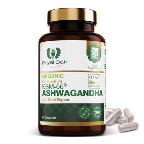 A bottle of organic KSM-66 Ashwagandha capsules with black pepper for enhanced absorption, supporting stress relief and vitality, with 60 capsules.