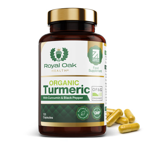 A bottle of organic turmeric curcumin capsules with black pepper for enhanced absorption, containing 120 capsules.