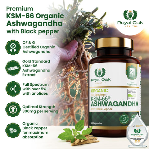 A bottle of organic KSM-66 Ashwagandha capsules with black pepper for enhanced absorption, supporting stress relief and vitality, with 60 capsules.