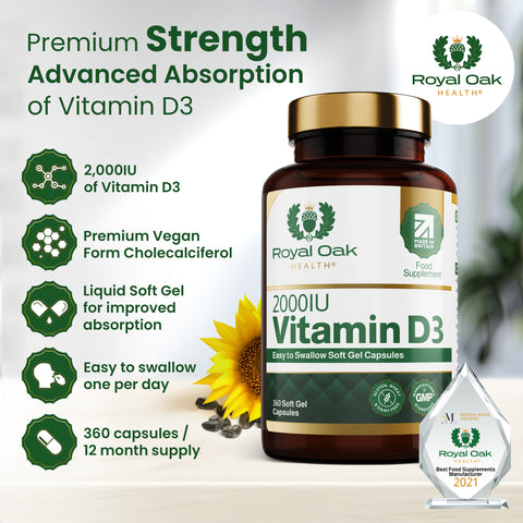 A bottle of 60 small-sized Vitamin D3 2000IU softgel capsules for easy swallowing.