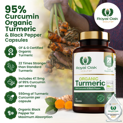 A bottle of organic turmeric curcumin capsules with black pepper for enhanced absorption, containing 120 capsules.