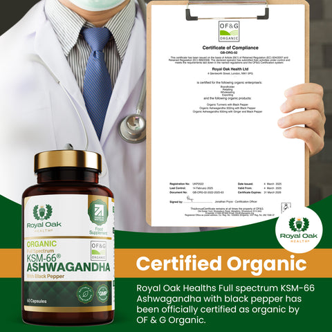 A bottle of organic KSM-66 Ashwagandha capsules with black pepper for enhanced absorption, supporting stress relief and vitality, with 60 capsules.
