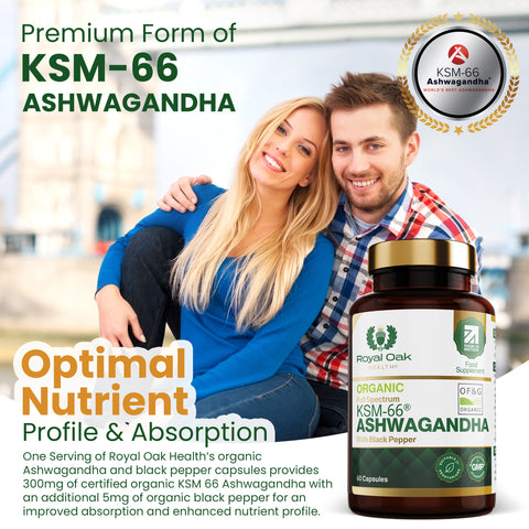 A bottle of organic KSM-66 Ashwagandha capsules with black pepper for enhanced absorption, supporting stress relief and vitality, with 60 capsules.