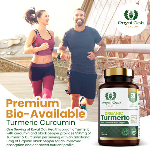 A bottle of organic turmeric curcumin capsules with black pepper for enhanced absorption, containing 120 capsules.