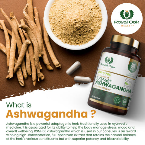A bottle of organic KSM-66 Ashwagandha capsules with black pepper for enhanced absorption, supporting stress relief and vitality, with 60 capsules.