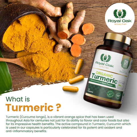 A bottle of organic turmeric curcumin capsules with black pepper for enhanced absorption, containing 120 capsules.