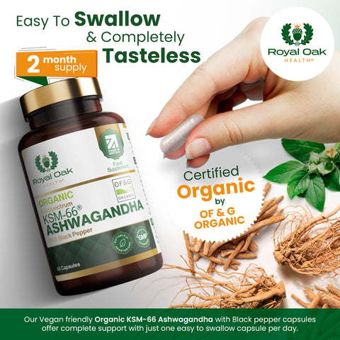 A bottle of organic KSM-66 Ashwagandha capsules with black pepper for enhanced absorption, supporting stress relief and vitality, with 60 capsules.