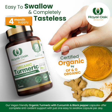A bottle of organic turmeric curcumin capsules with black pepper for enhanced absorption, containing 120 capsules.