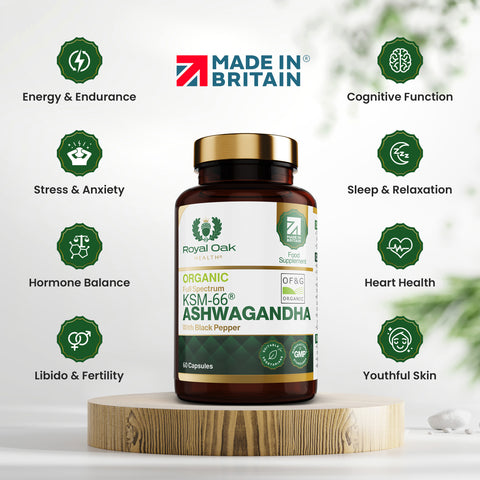A bottle of organic KSM-66 Ashwagandha capsules with black pepper for enhanced absorption, supporting stress relief and vitality, with 60 capsules.