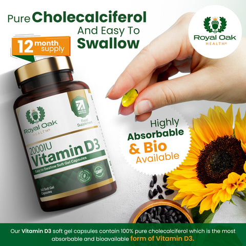 A bottle of 60 small-sized Vitamin D3 2000IU softgel capsules for easy swallowing.