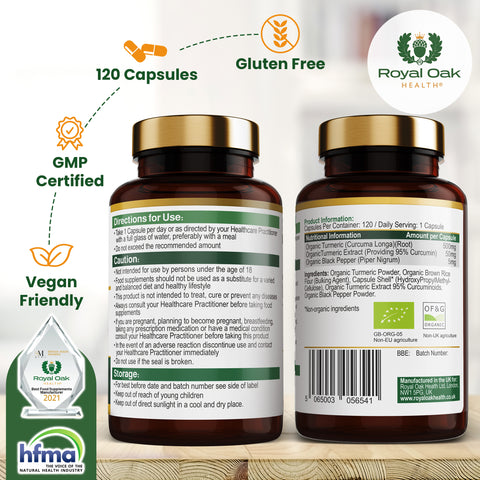 A bottle of organic turmeric curcumin capsules with black pepper for enhanced absorption, containing 120 capsules.
