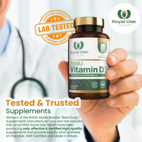 A bottle of 60 small-sized Vitamin D3 2000IU softgel capsules for easy swallowing.