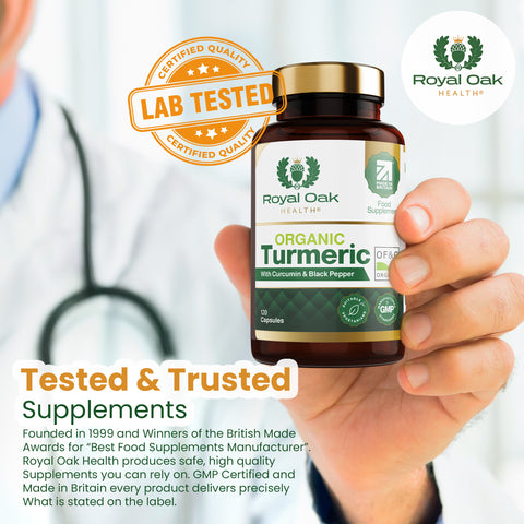 A bottle of organic turmeric curcumin capsules with black pepper for enhanced absorption, containing 120 capsules.