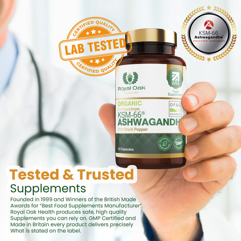 A bottle of organic KSM-66 Ashwagandha capsules with black pepper for enhanced absorption, supporting stress relief and vitality, with 60 capsules.