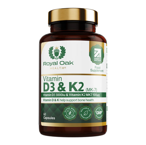 A bottle of high-strength Vitamin D3 3000IU with Vitamin K2 MK7, supporting bone and cardiovascular health, with 60 capsules.