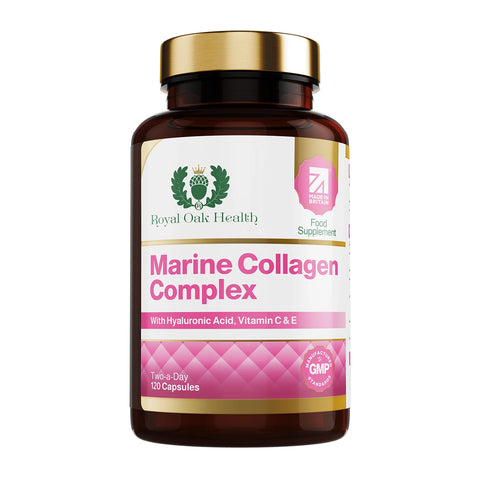 A bottle of marine collagen complex capsules, supporting skin, hair, and nail health, with 60 capsules.