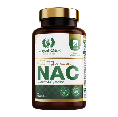 A bottle of NAC (N-Acetyl Cysteine) 600mg capsules, supporting antioxidant function and liver health, with 60 capsules.