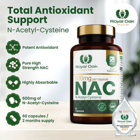 A bottle of NAC (N-Acetyl Cysteine) 600mg capsules, supporting antioxidant function and liver health, with 60 capsules.