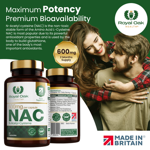 A bottle of NAC (N-Acetyl Cysteine) 600mg capsules, supporting antioxidant function and liver health, with 60 capsules.