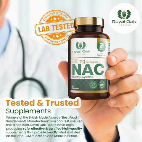 A bottle of NAC (N-Acetyl Cysteine) 600mg capsules, supporting antioxidant function and liver health, with 60 capsules.