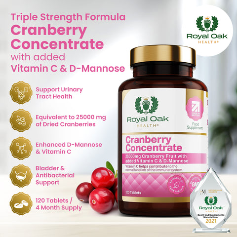 A bottle of cranberry extract capsules, supporting urinary tract health, with 60 capsules.