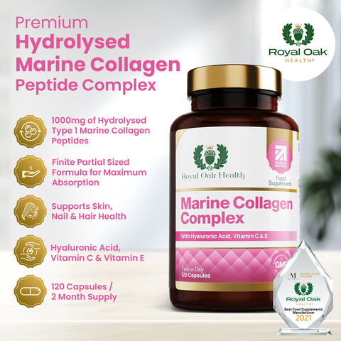 A bottle of marine collagen complex capsules, supporting skin, hair, and nail health, with 60 capsules.