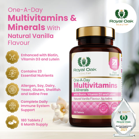 A bottle of daily multivitamin capsules, formulated for overall health and wellness, containing 60 capsules.