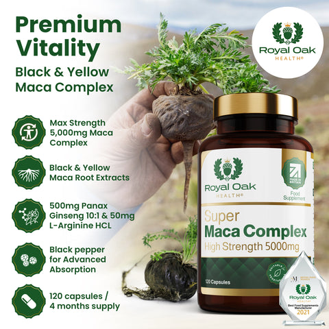 A bottle of Maca root extract capsules with Ginseng and Black Pepper for enhanced energy and stamina, with 60 capsules.