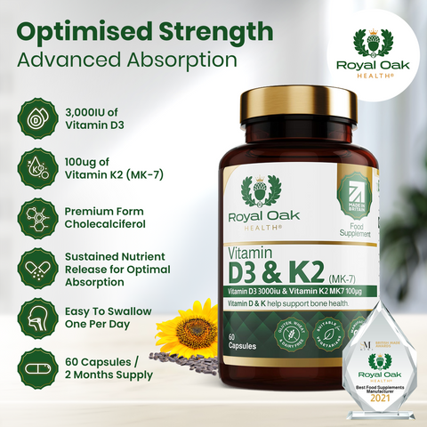 A bottle of high-strength Vitamin D3 3000IU with Vitamin K2 MK7, supporting bone and cardiovascular health, with 60 capsules.