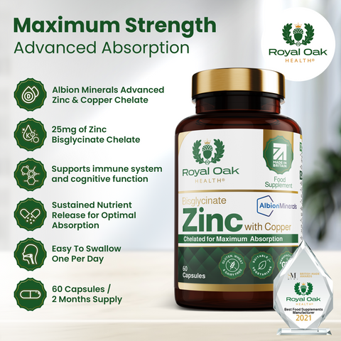 A bottle of zinc bisglycinate with copper capsules, designed for immune support and mineral balance, with 60 capsules.